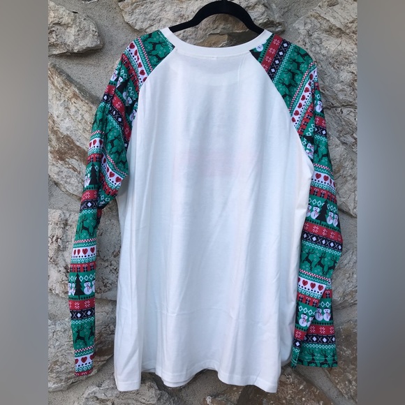 NWOT - Raglan Shirt - Cream with multi-print sleeves - “Merry Christmas” - Picture 2 of 2